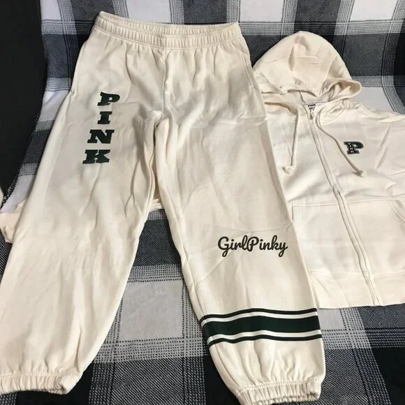 VS PINK SWEATPANTS OUTFIT & FULL ZIP IN WHITE SHELL & DARK FOREST GREEN L XL XXL - Picture 6 of 11